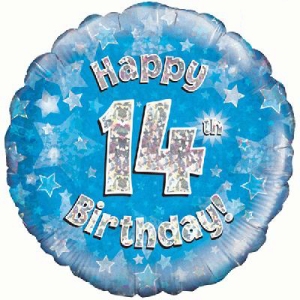 Blue Holographic Happy 14th Birthday Balloon - 18" Foil