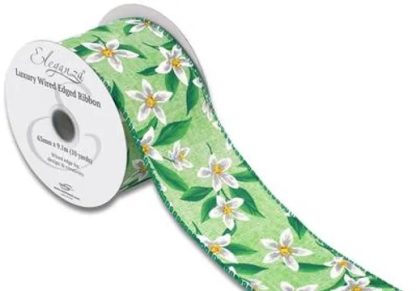 Eleganza Wired Edge Floral Pattern Green/White 63mm x 9.1m Design No.412- 1ct