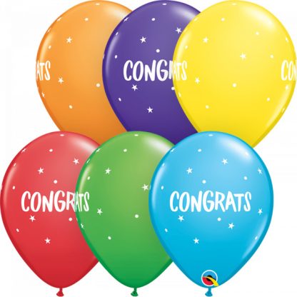 CONGRATS DOTS & STARS BRIGHT RAINBOW  ASSORTED - 11" Latex (25ct)