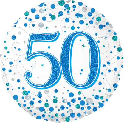 Blue & White Holographic Sparkling Fizz 50th Birthday Balloon - 18" Foil
