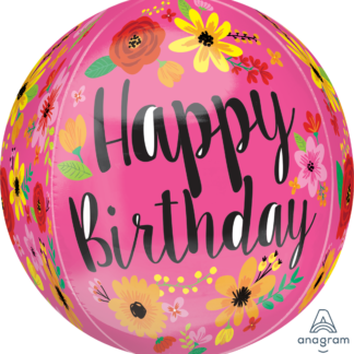 Happy Birthday Pink Floral Orbz Balloon – 15″ x 16″