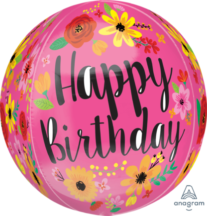 Happy Birthday Pink Floral Orbz Balloon – 15″ x 16″